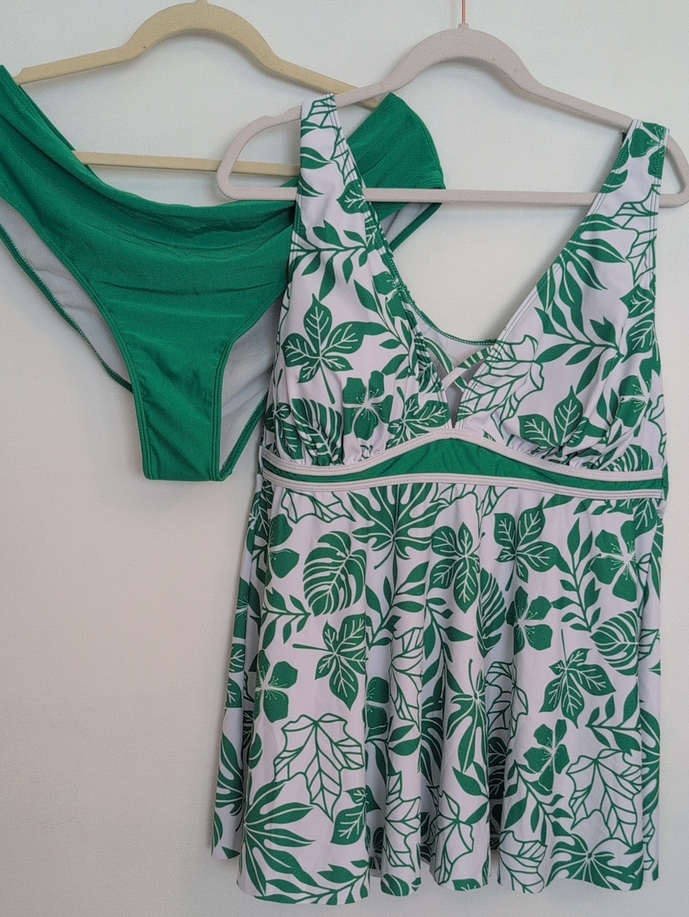 SHEIN Green Leaf-Print Swimdress with Solid Green Bikini Bottoms